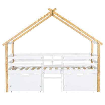Children's wooden bed with roof design and storage drawers in white and natural finish by eprolo, showcasing the cozy bed frame.