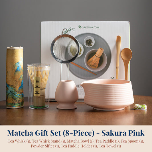 Premium 8-piece Matcha tea set with ceramic chawan bowl and whisk, in gradient pink and green, by eprolo.