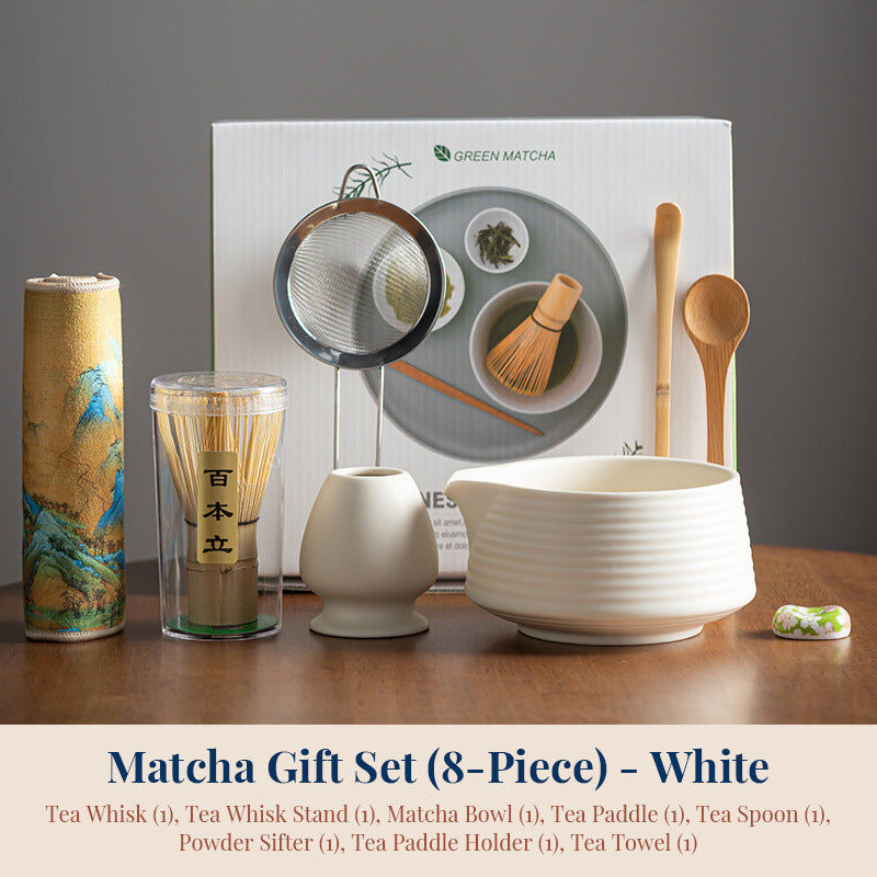 eprolo premium 8-piece matcha tea set with ceramic chawan bowl, whisk, and gift box in pink and green gradient colors