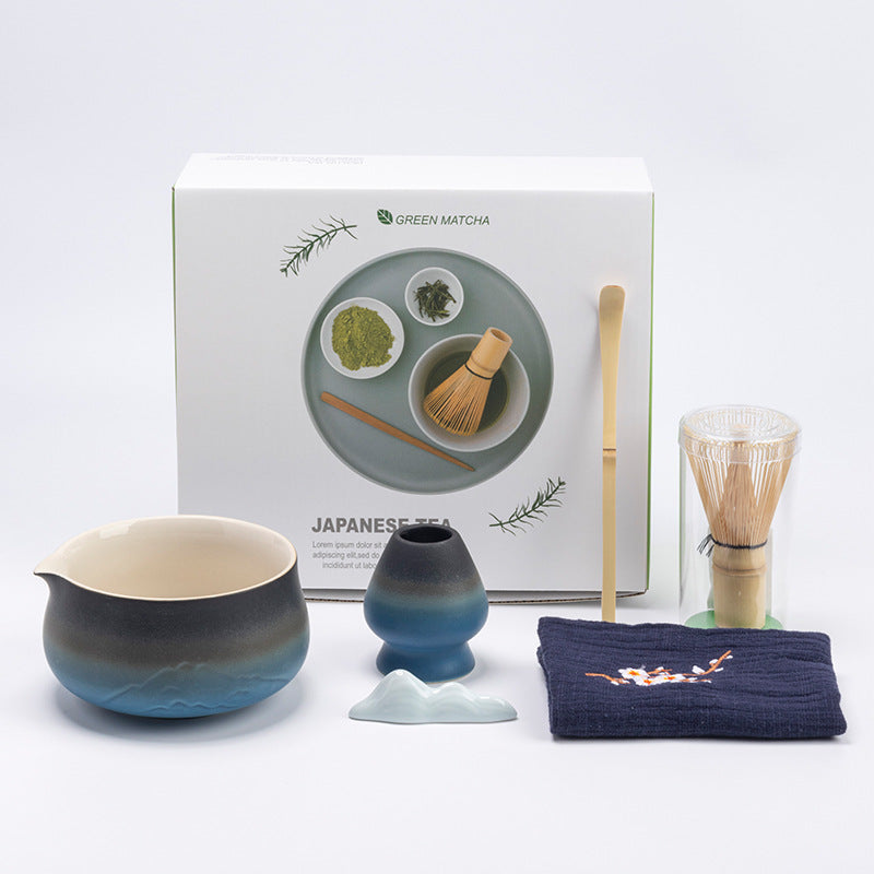 Premium 8-piece matcha tea set by eprolo, includes ceramic chawan bowl, whisk, and gift box in pink and green gradient colors.