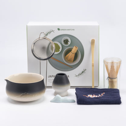 Eprolo premium 8-piece matcha tea set with ceramic Chawan bowl, whisk, and gift box in pink and green gradient colors.
