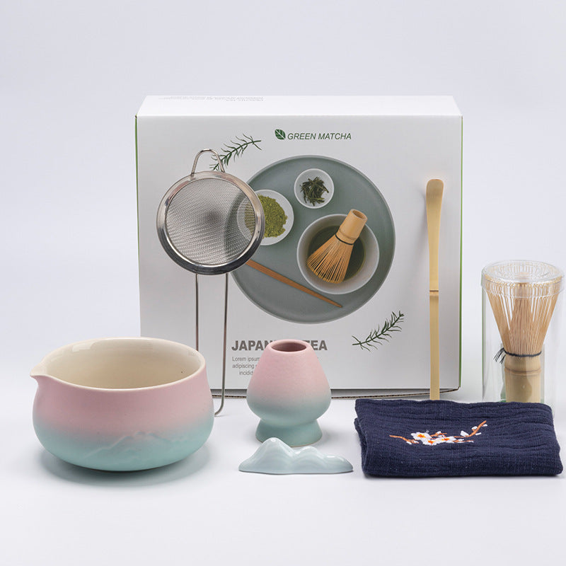 Eprolo premium 8-piece matcha tea set with ceramic chawan bowl, whisk, and gift box in pink and green gradient design