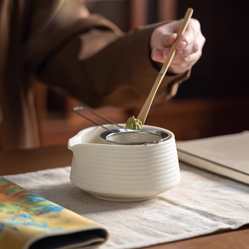 Premium 8-piece matcha tea set with ceramic chawan bowl, whisk, and gift box by eprolo, featuring a pink and green gradient design.