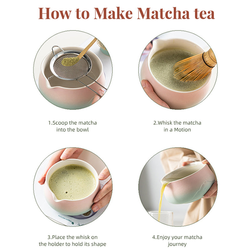 Premium 8-piece matcha tea set including ceramic chawan bowl and whisk, with a pink-green gradient design and gift box by eprolo.