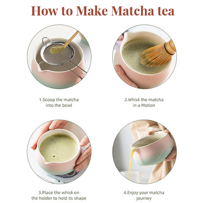 Premium 8-piece matcha tea set including ceramic chawan bowl and whisk, with a pink-green gradient design and gift box by eprolo.