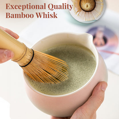 Premium 8-piece matcha tea set by eprolo with ceramic chawan bowl, whisk, and gift box in pink and green gradient design.