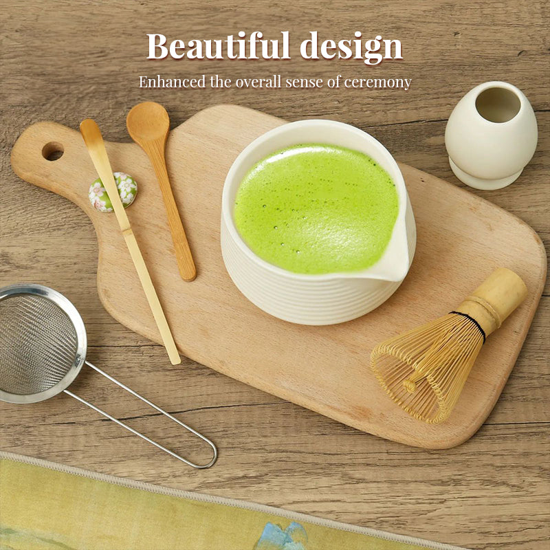 Premium 8-piece Matcha tea set by eprolo including ceramic Chawan bowl, whisk, and gift box in pink and green gradient colors.