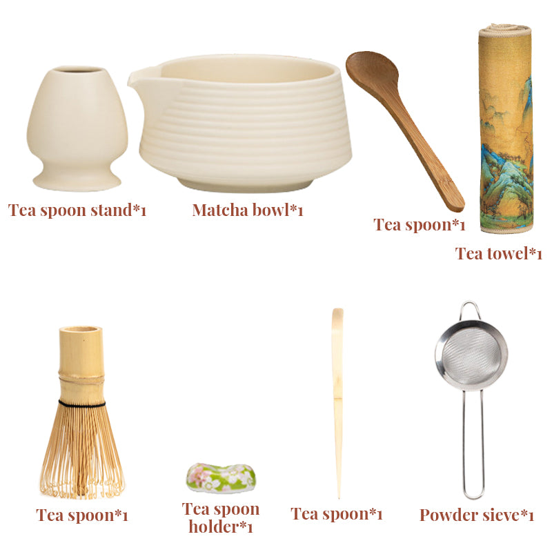 Premium 8-piece matcha tea set by eprolo, including ceramic chawan bowl and whisk, displayed in a gift box with pink and green gradient design.