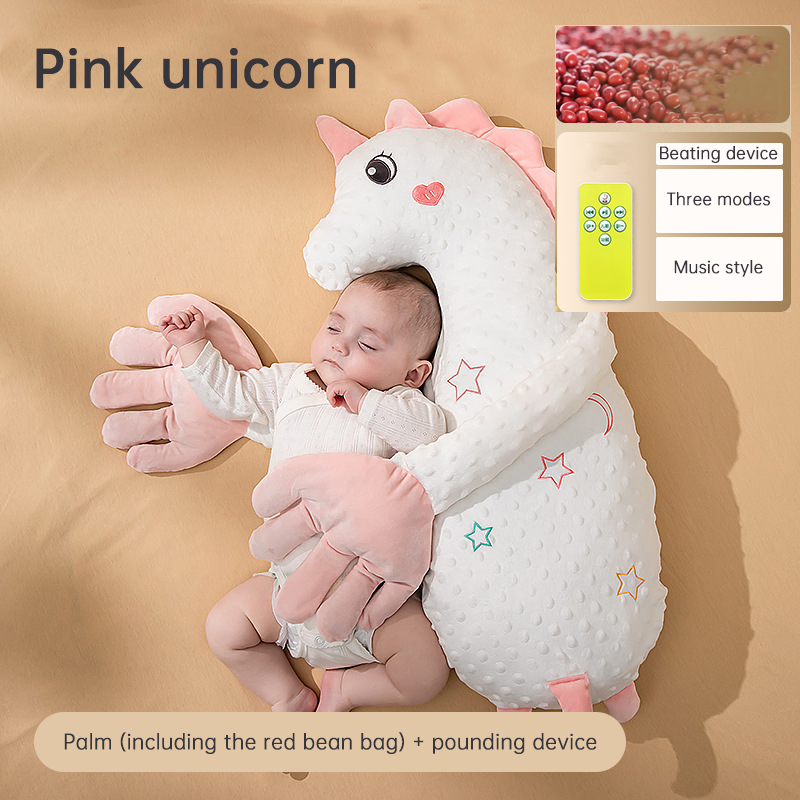 Pink unicorn Babycare Soothing Sleep Aid by eprolo with anti-startle pillow and patting toy for infant comfort and sleep support.