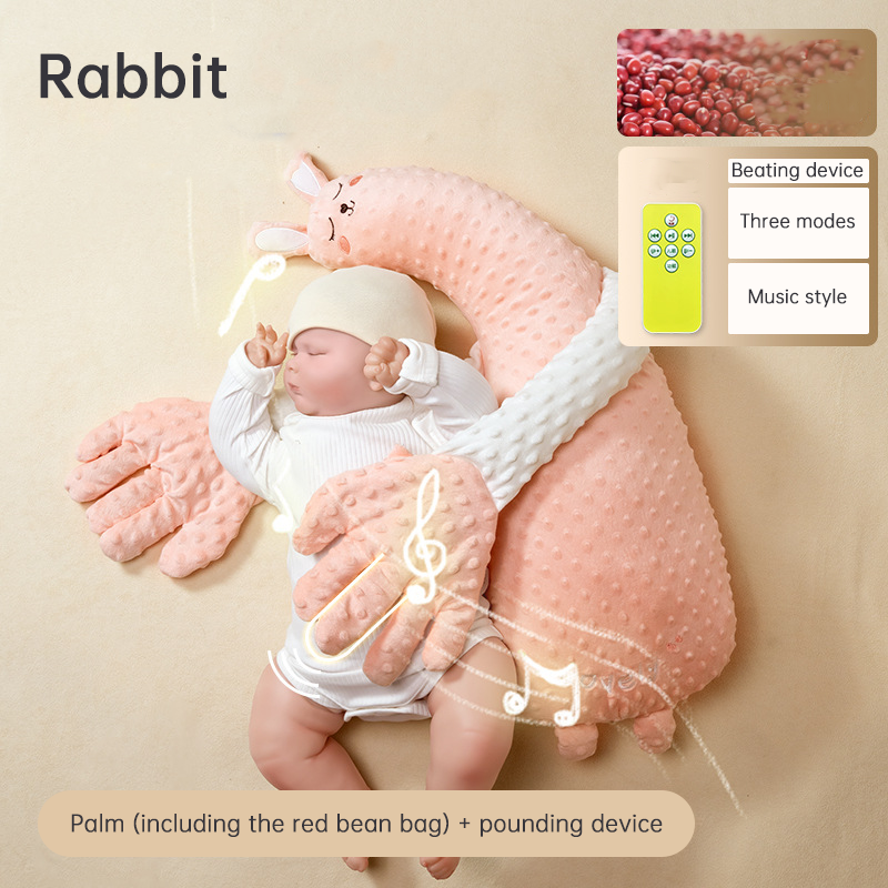 Pink unicorn baby sleep aid pillow and patting toy by eprolo, designed to soothe babies and prevent startle reflex during sleep.