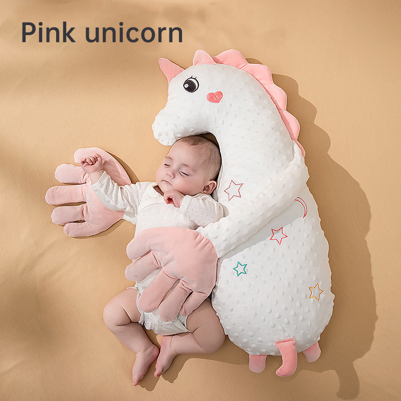 Pink unicorn Babycare Soothing Sleep Aid by eprolo, includes anti-startle pillow and patting toy for infant comfort.