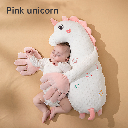 Pink unicorn Babycare Soothing Sleep Aid by eprolo, includes anti-startle pillow and patting toy for infant comfort.