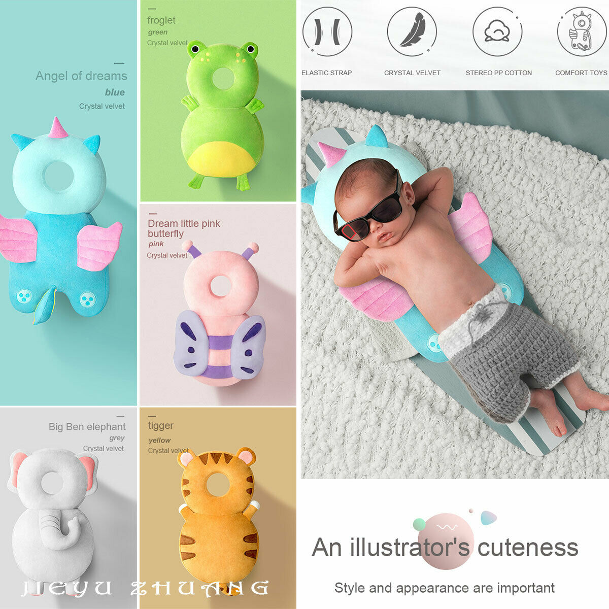 Eprolo baby head protector safety cushion with cartoon butterfly design, worn as a backpack pad to protect baby's head.