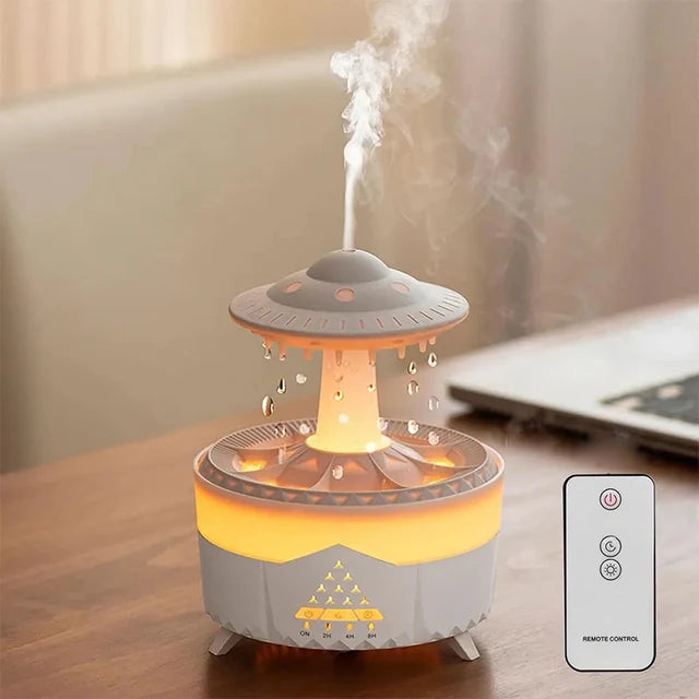 White Rain Cloud Humidifier and LED Aroma Diffuser by eprolo, 350ml capacity, with mist and ambient LED lighting.