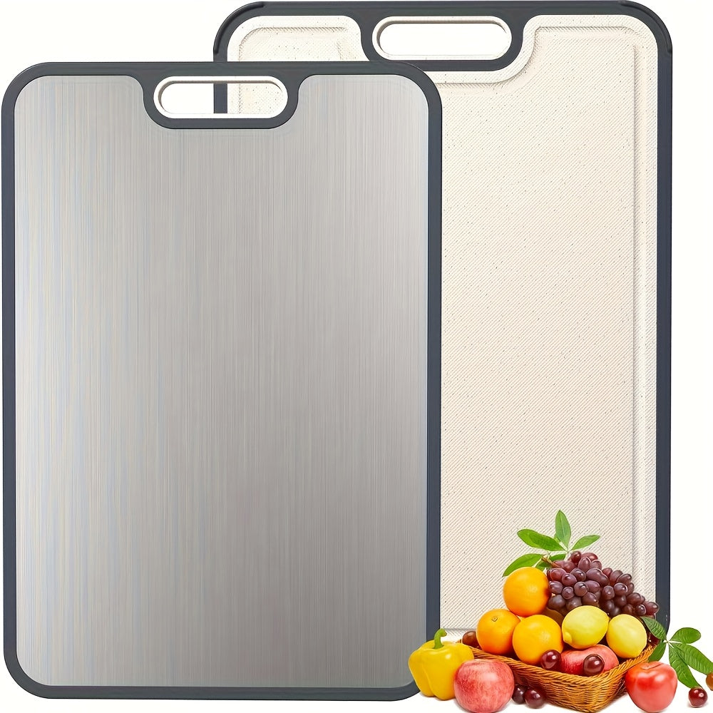 HOMCOM double-sided stainless steel chopping board with anti-slip base, handle, suitable for meat, vegetables, and fruits.