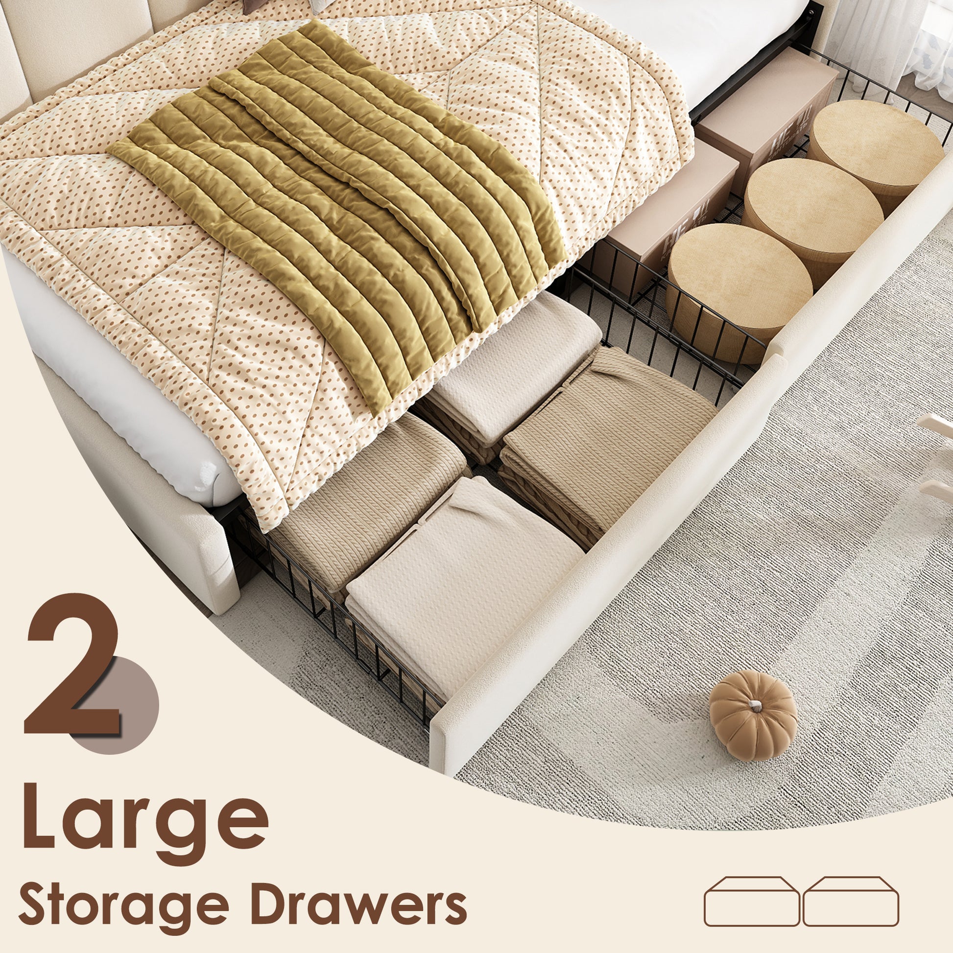 Beige upholstered kids' daybed with drawer storage, velvet fabric, slatted bed frame, suitable for children and adults.