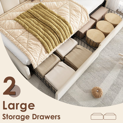 Beige upholstered kids' daybed with drawer storage, velvet fabric, slatted bed frame, suitable for children and adults.