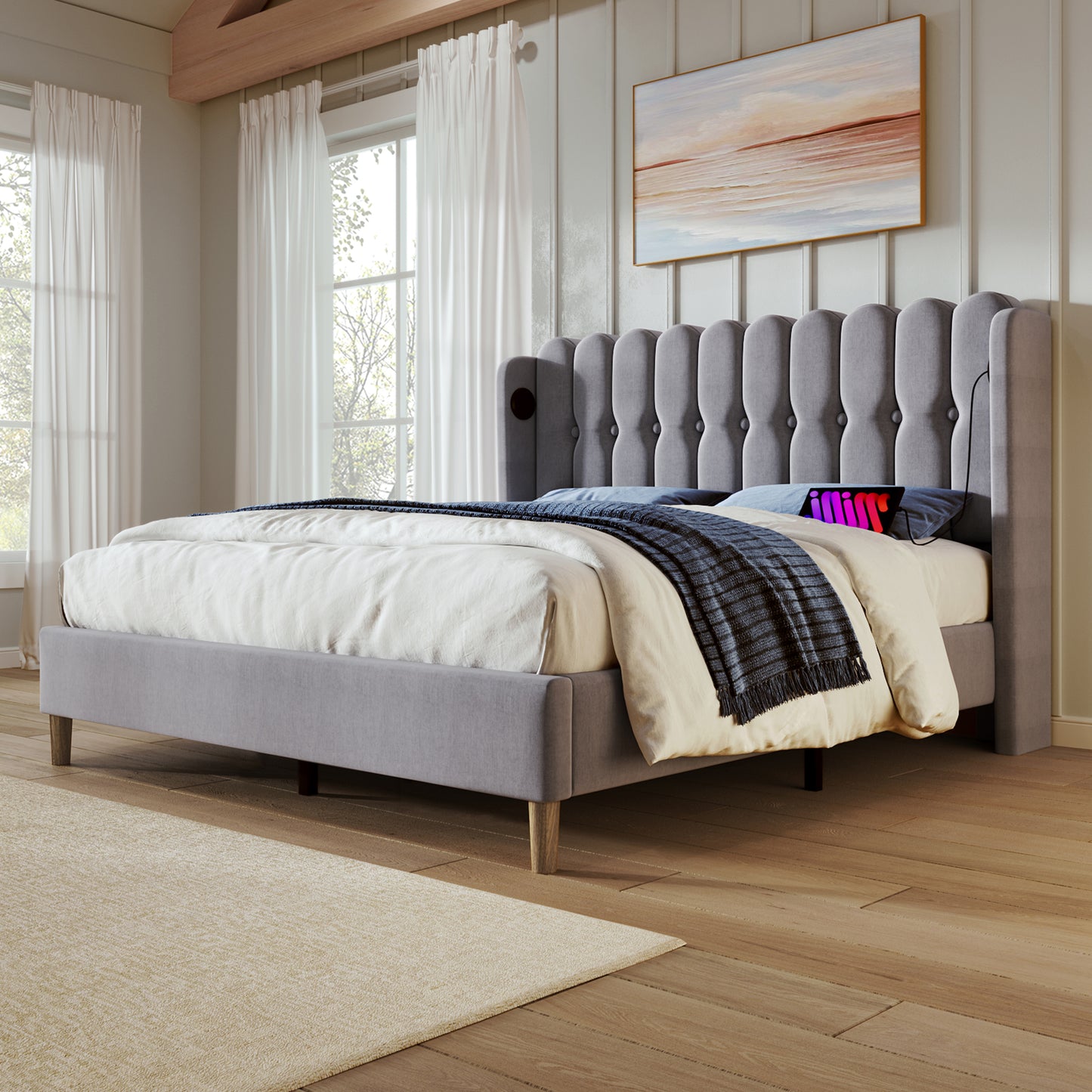 Grey linen upholstered double bed frame with wooden slats and built-in USB and Type-C chargers, 4ft6 size, for bedroom or guest room.