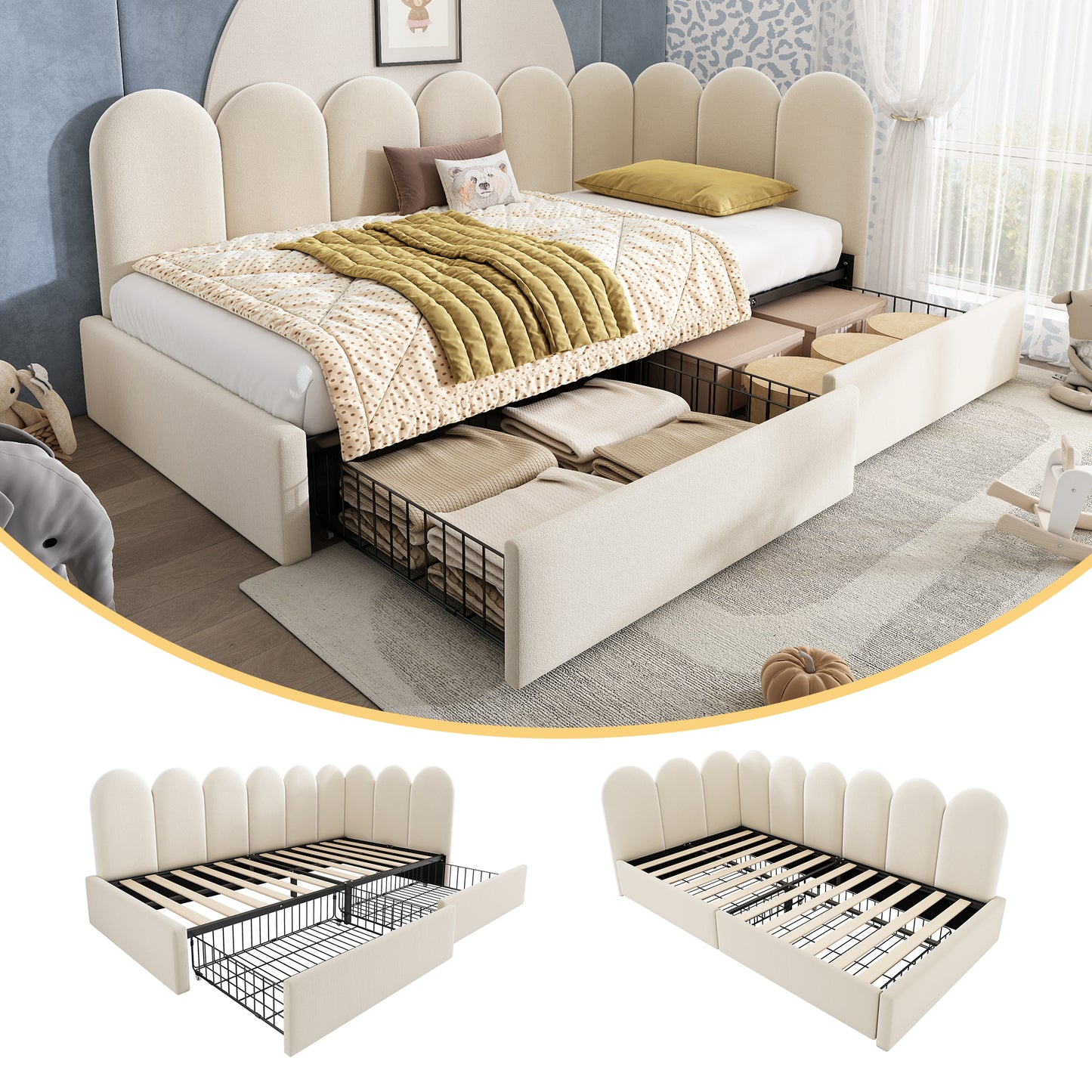 Beige upholstered kids and adults sofa bed with drawer storage, velvet fabric, slatted bed frame, 3ft single size, HOMCOM brand