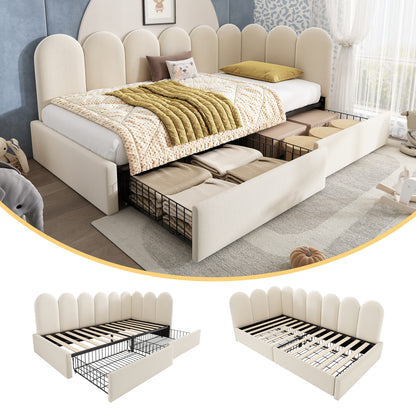 Beige upholstered kids and adults sofa bed with drawer storage, velvet fabric, slatted bed frame, 3ft single size, HOMCOM brand