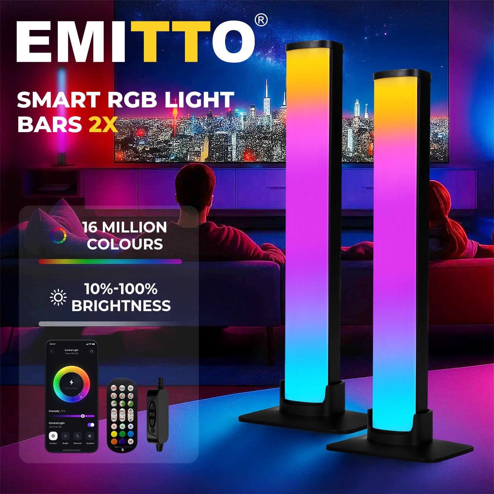 Livoshop Emitto 2X Smart RGB LED Light Bar with color-changing ambient lighting and music sync for TV backlight.