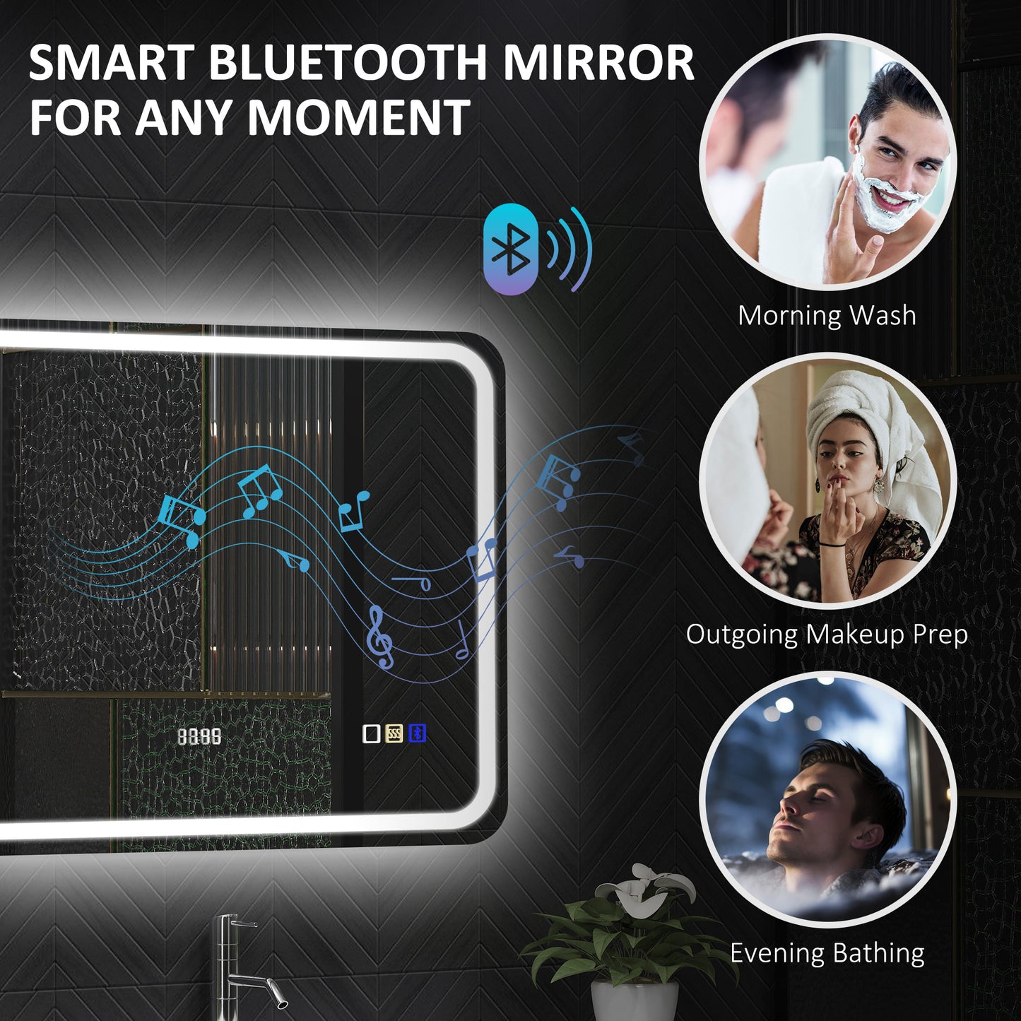Silver-tone HOMCOM Bluetooth bathroom mirror, 80x60 cm with sleek frame, designed for modern bathroom decor.