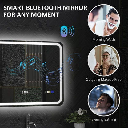 Silver-tone HOMCOM Bluetooth bathroom mirror, 80x60 cm with sleek frame, designed for modern bathroom decor.