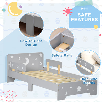 Grey HOMCOM ZONEKIZ kids toddler bed with star and moon patterns, side rails, suitable for ages 3 to 6 years.