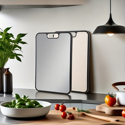 HOMCOM double-sided stainless steel chopping board with handle and anti-slip base, ideal for meat, vegetables, and fruits in the kitchen.