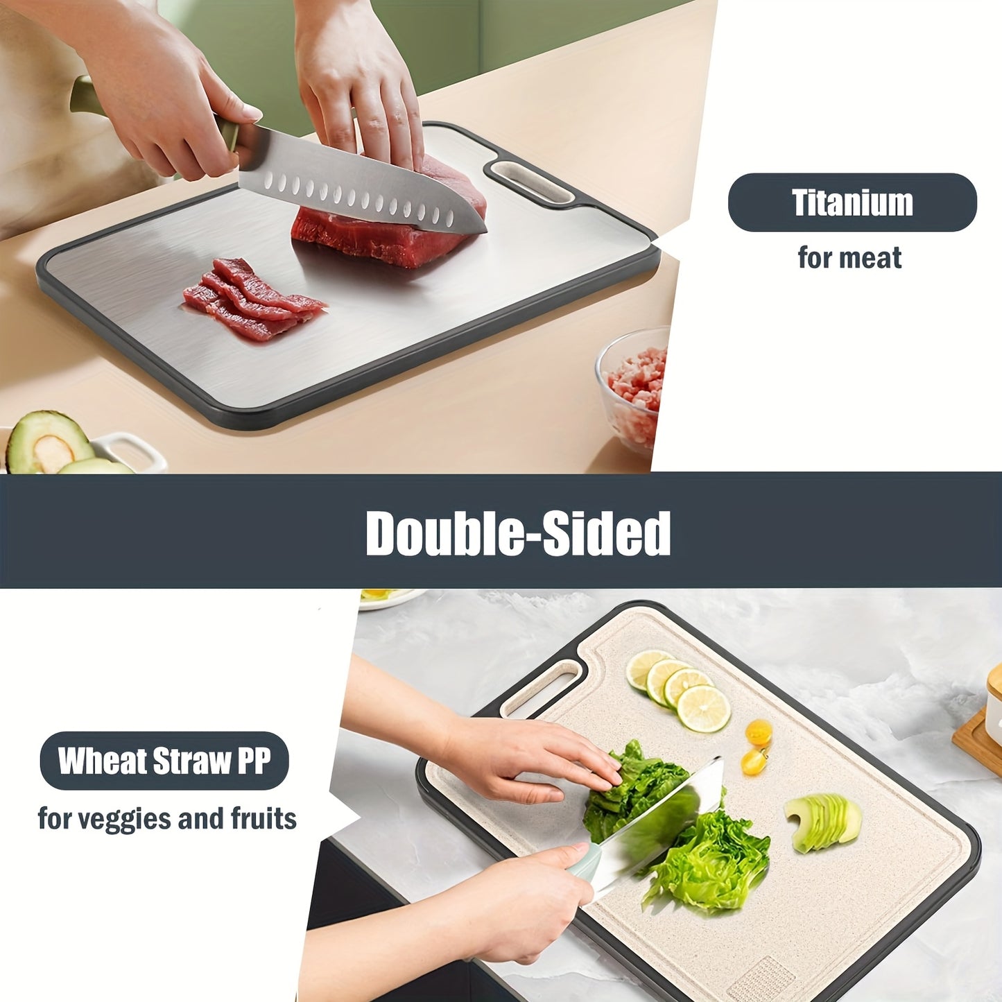 HOMCOM double-sided stainless steel chopping board with anti-slip base and handle, suitable for meat, vegetables, and fruits.