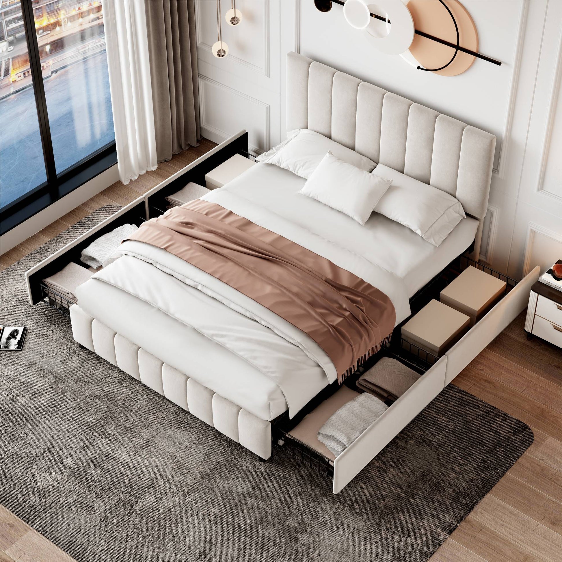 Beige 4ft6 upholstered double bed frame with tufted headboard, four storage drawers, metal-wood support, no box spring, easy to assemble.