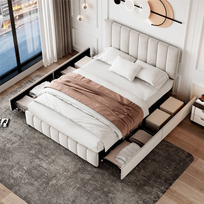 Beige 4ft6 upholstered double bed frame with tufted headboard, four storage drawers, metal-wood support, no box spring, easy to assemble.