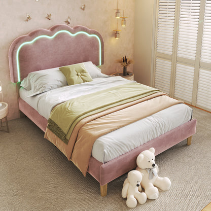 HOMCOM velvet pink upholstered single bed with LED, wooden slats, adjustable headboard, ideal for teen or guest bedroom.