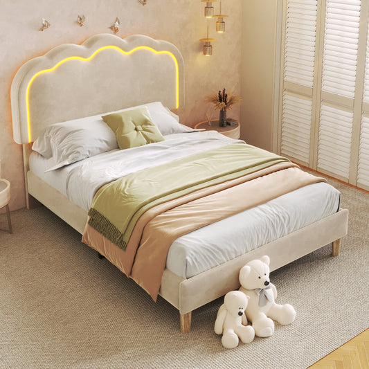 Beige velvet upholstered single bed with LED headboard, wooden slats, adjustable height, suitable for bedroom or guest room.