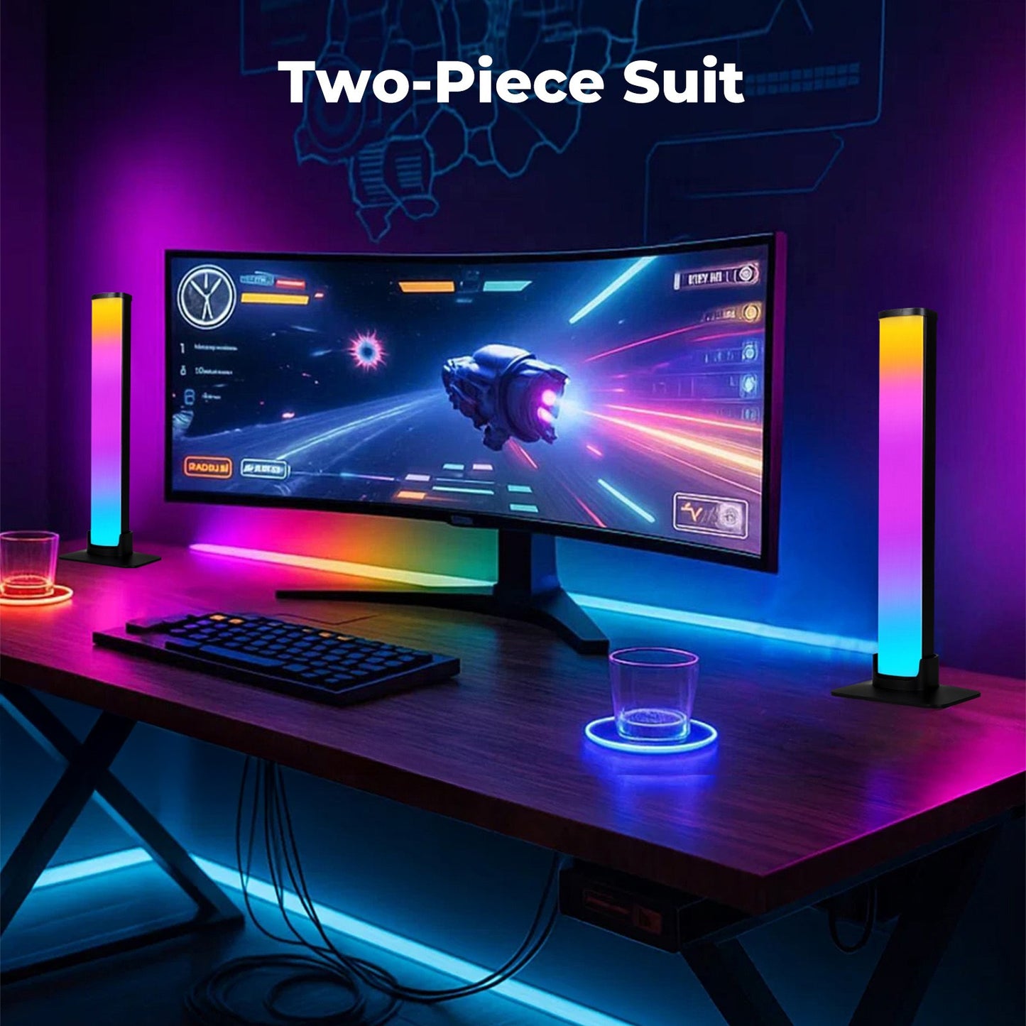 Livoshop Emitto 2X Smart RGB LED Light Bar displaying colorful ambient lighting and music synchronization for TV backlighting.