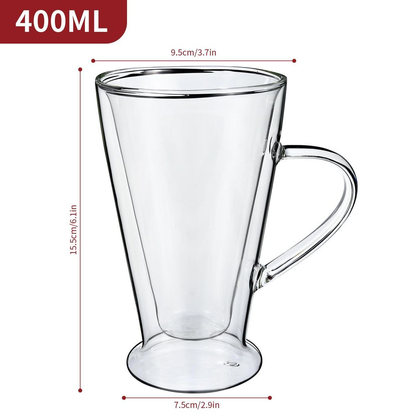 Set of two Vinsani double wall glasses with 400ml capacity, showcasing clear, insulated glassware for hot and cold beverages.