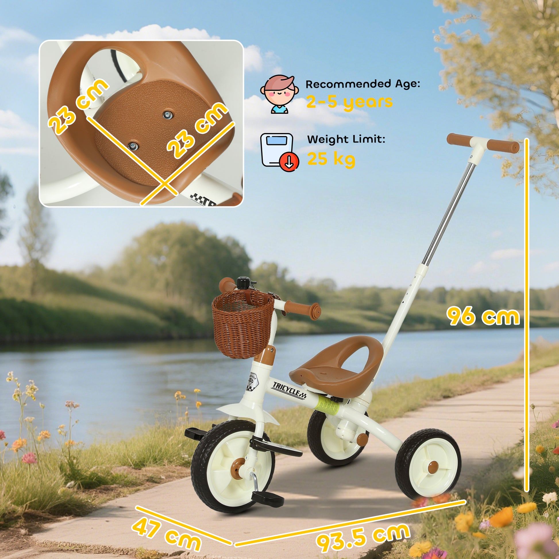 HOMCOM 2-in-1 toddler trike with three wheels, adjustable parent handle, basket, suitable for boys and girls, white color.