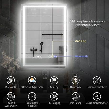 HOMCOM 50x70 cm silver LED bathroom mirror with anti-fog, Bluetooth, and clock features, modern design with sleek finish.
