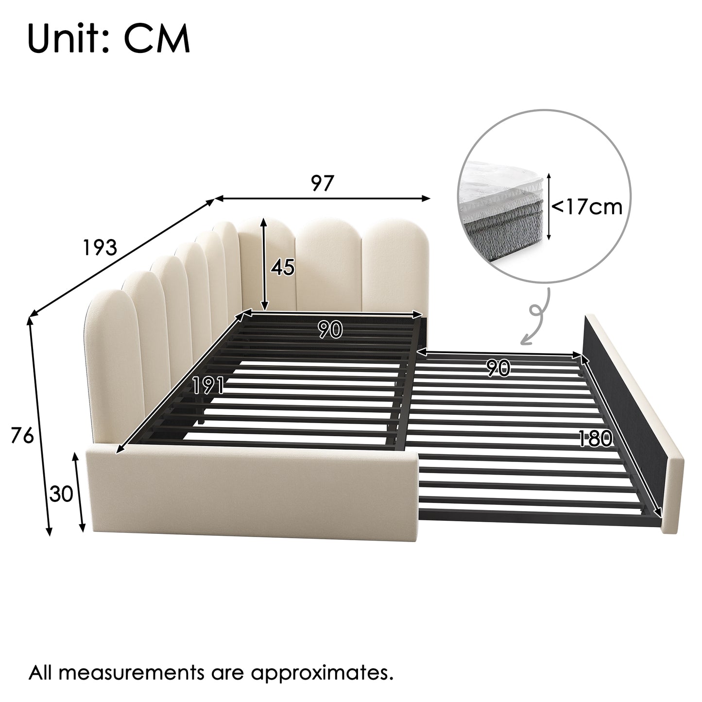 Beige upholstered HOMCOM daybed with pull-out bed, velvet fabric, slatted frame, suitable for adults and children, 90 x 190 cm.