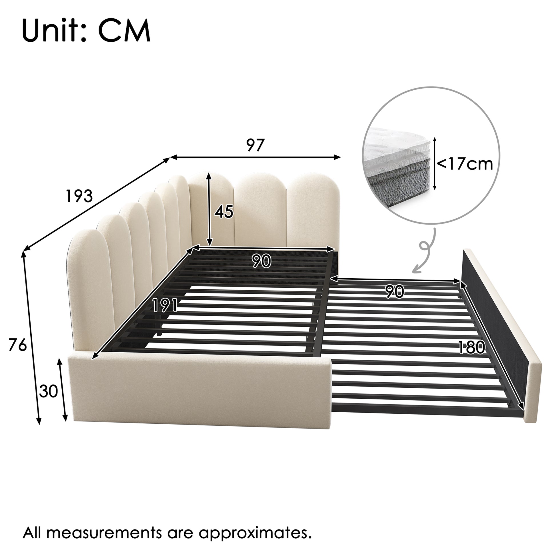 Beige upholstered HOMCOM daybed with pull-out bed, velvet fabric, slatted frame, suitable for adults and children, 90 x 190 cm.