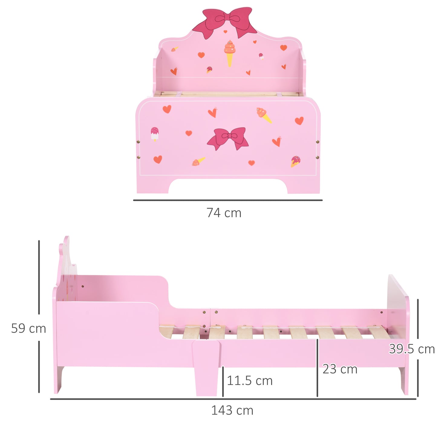 HOMCOM ZONEKIZ princess-themed toddler bed in pink with cute patterns and safety rails for children aged 3 to 6 years.