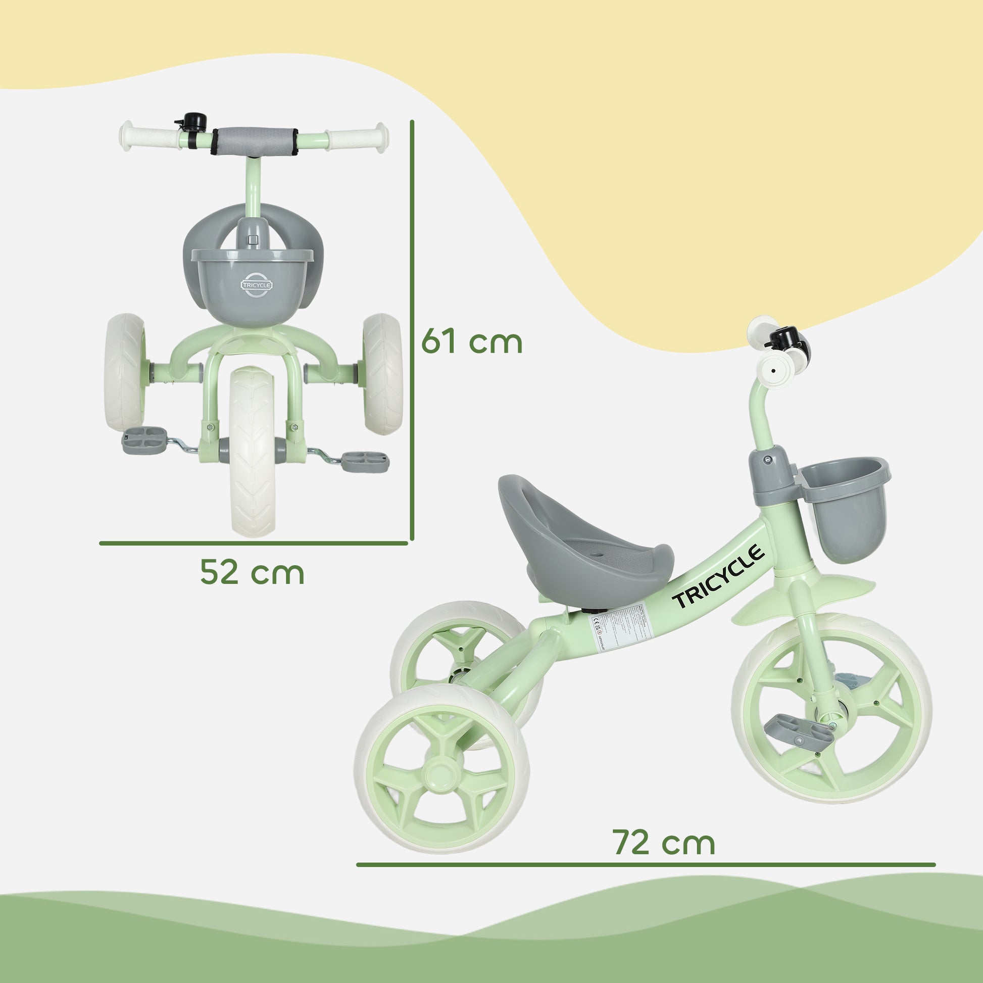 Green kids' trike by HOMCOM with front basket, EVA wheels, suitable for ages 2-5, designed for indoor and outdoor use.