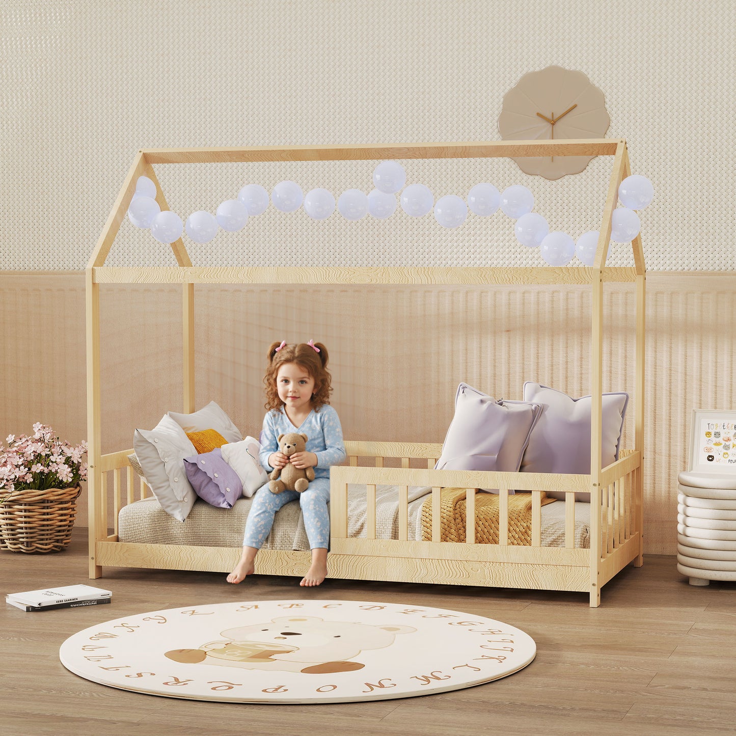 House-shaped kids bed frame with guard rails, solid pine wood, natural finish, designed for boys and girls, by HOMCOM.