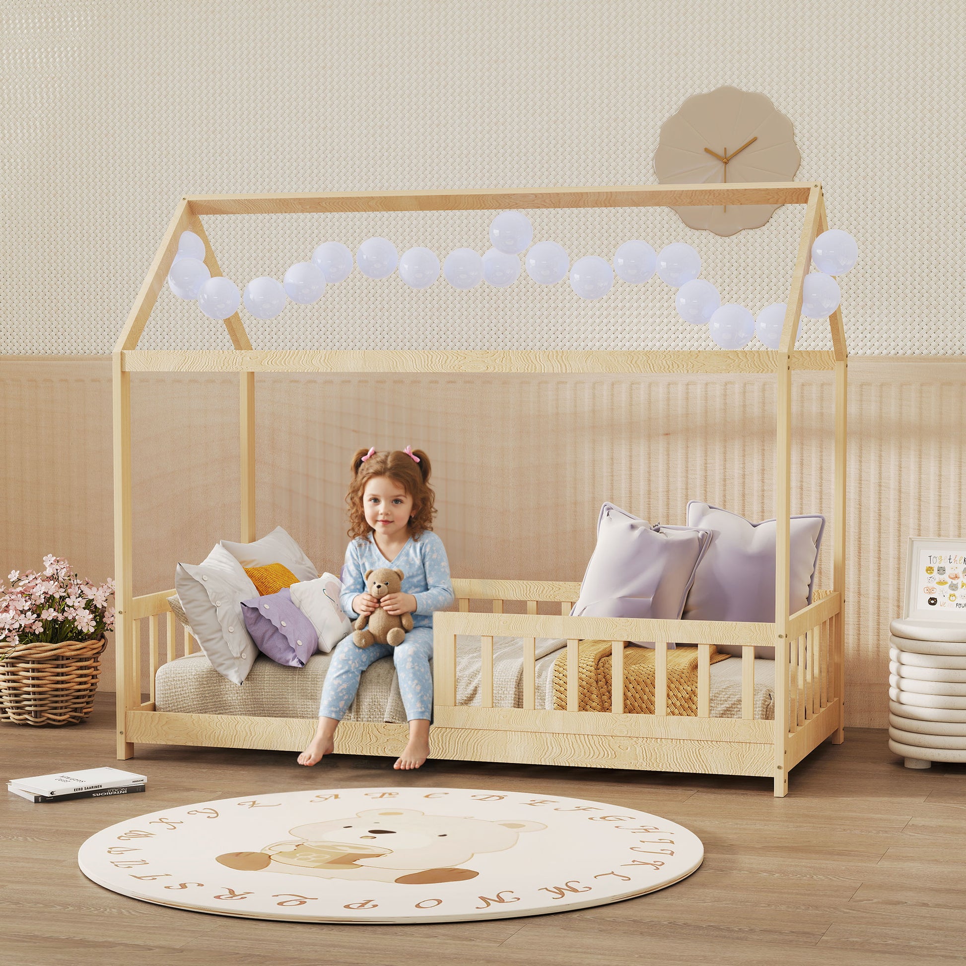 House-shaped kids bed frame with guard rails, solid pine wood, natural finish, designed for boys and girls, by HOMCOM.