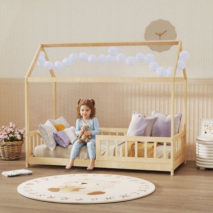 House-shaped kids bed frame with guard rails, solid pine wood, natural finish, designed for boys and girls, by HOMCOM.