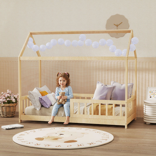 House-shaped kids bed frame with guard rails, solid pine wood, natural finish, designed for boys and girls, by HOMCOM.