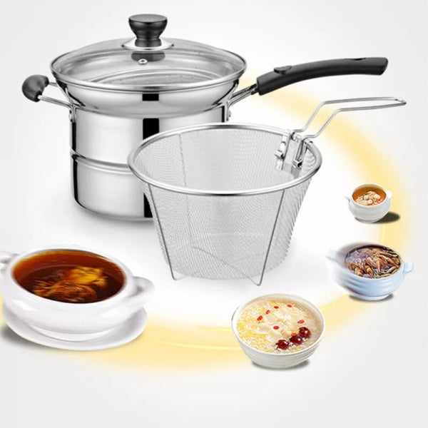 HOMCOM 4-piece non-stick chip pan set with deep fryer, cooking noodle pot, frying basket, and lid for versatile frying tasks