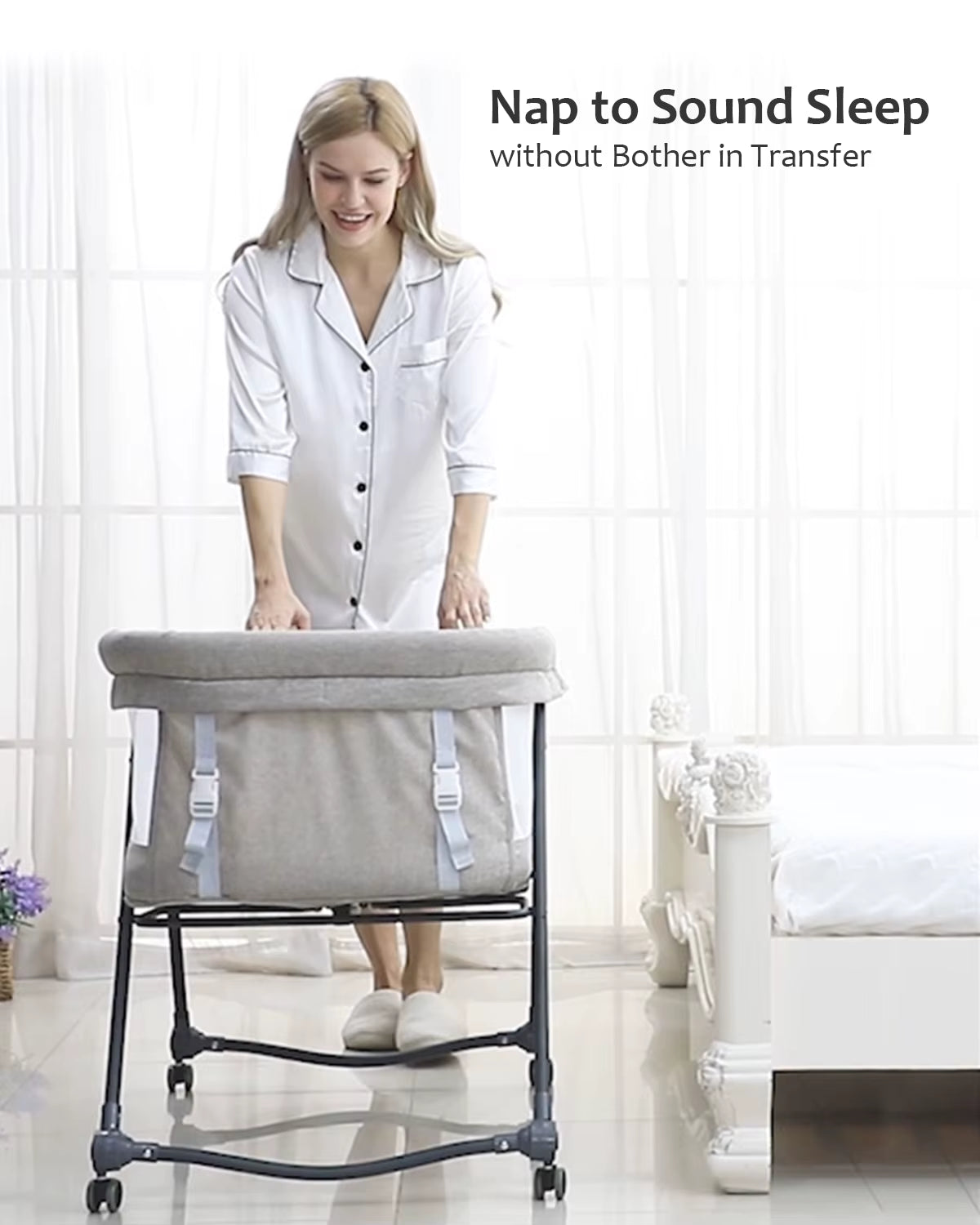 Livoshop baby travel cot with mattress and silent wheels, convertible rocking crib for infants, portable and easy to use.