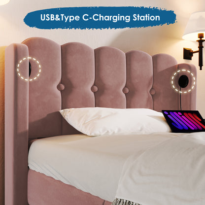 Pink velvet upholstered single bed frame with wooden slats, USB and Type-C charging ports, suitable for bedroom or guest room.