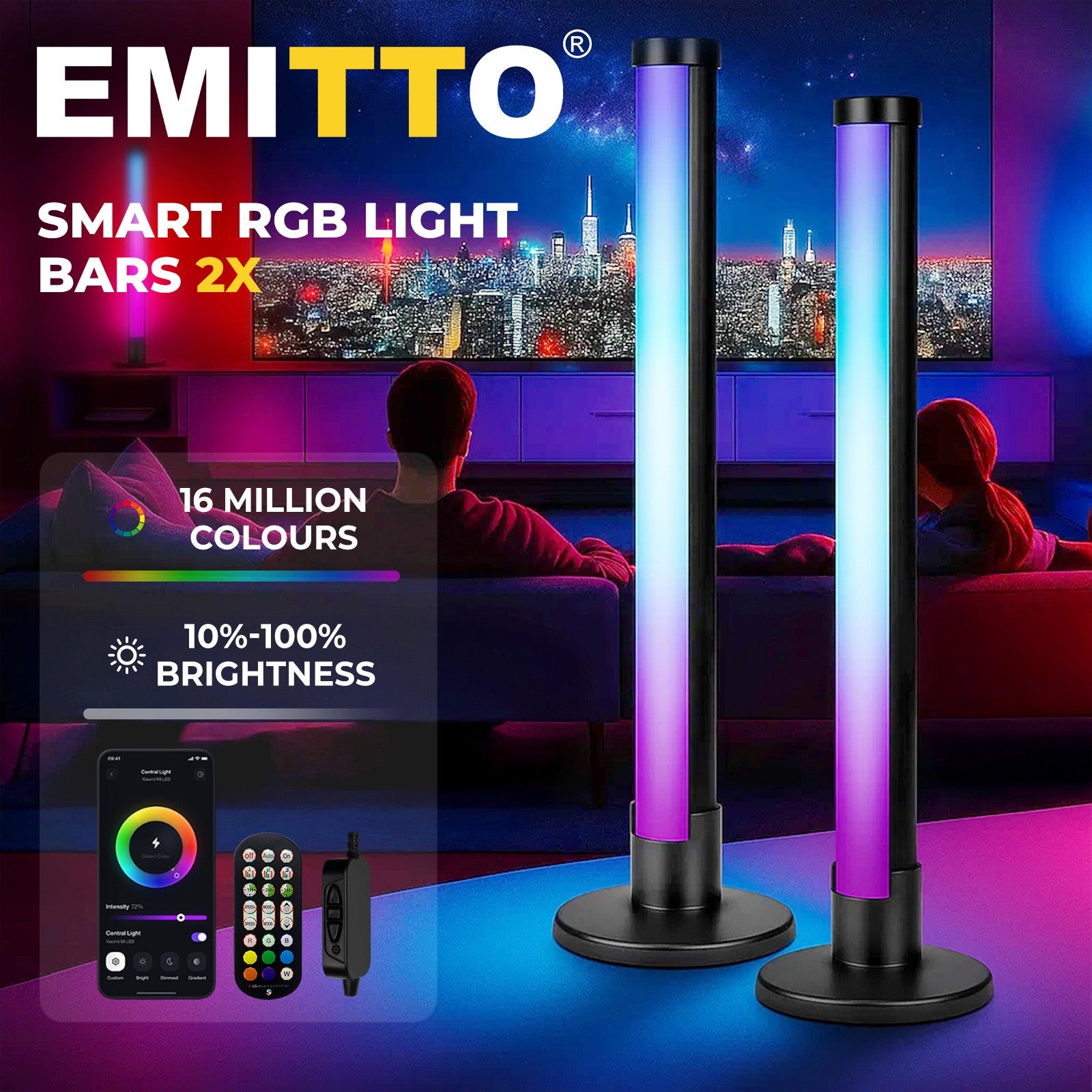 Livoshop Emitto 2X Smart RGB LED Light Bars with color-changing, music sync, and ambient lighting for gaming and room decor